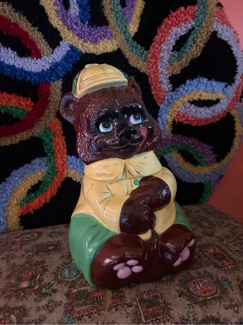 Vintage Ceramic Brown Teddy Bear w/Yellow Jacket & Green Pants Cookie Jar